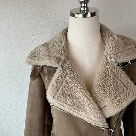 Zara Neutral Moto Jacket size XS Shearling - Picture 5 of 12